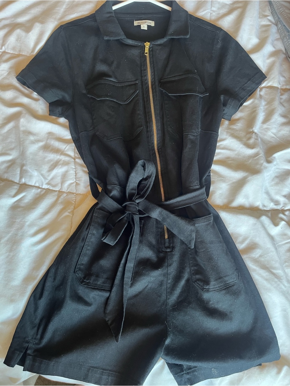 Albion Black Zip-Front Mini Romper with Tie Waist